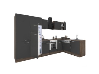 Yorki 340 sarok konyhabútor yorki tölgy korpusz,selyemfényű antracit front alsó sütős elemmel polcos szekrénnyel, felülfagyasztós hűtős szekrénnyel
