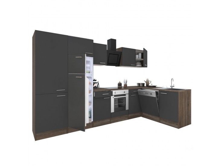 Yorki 340 sarok konyhabútor yorki tölgy korpusz,selyemfényű antracit front alsó sütős elemmel polcos szekrénnyel, felülfagyasztós hűtős szekrénnyel