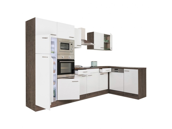 Yorki 340 sarok konyhabútor yorki tölgy korpusz,selyemfényű fehér fronttal