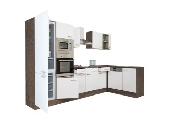 Yorki 340 sarok konyhabútor yorki tölgy korpusz,selyemfényű fehér fronttal alulagyasztós hűtős szekrénnyel