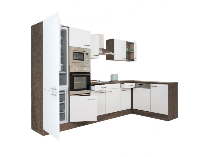 Yorki 340 sarok konyhabútor yorki tölgy korpusz,selyemfényű fehér fronttal alulagyasztós hűtős szekrénnyel