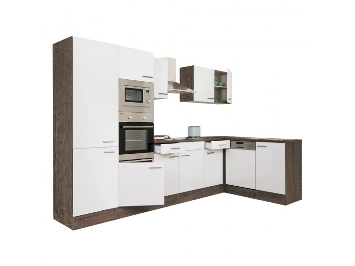 Yorki 340 sarok konyhabútor yorki tölgy korpusz,selyemfényű fehér fronttal polcos szekrénnyel