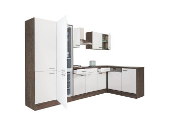 Yorki 340 sarok konyhabútor yorki tölgy korpusz,selyemfényű fehér fronttal polcos szekrénnyel és alulfagyasztós hűtős szekrénnyel