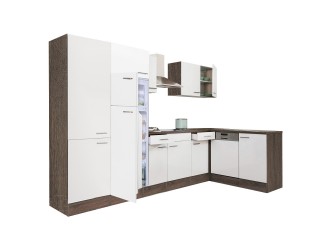 Yorki 340 sarok konyhabútor yorki tölgy korpusz,selyemfényű fehér fronttal polcos szekrénnyel és felülfagyasztós hűtős szekrénnyel