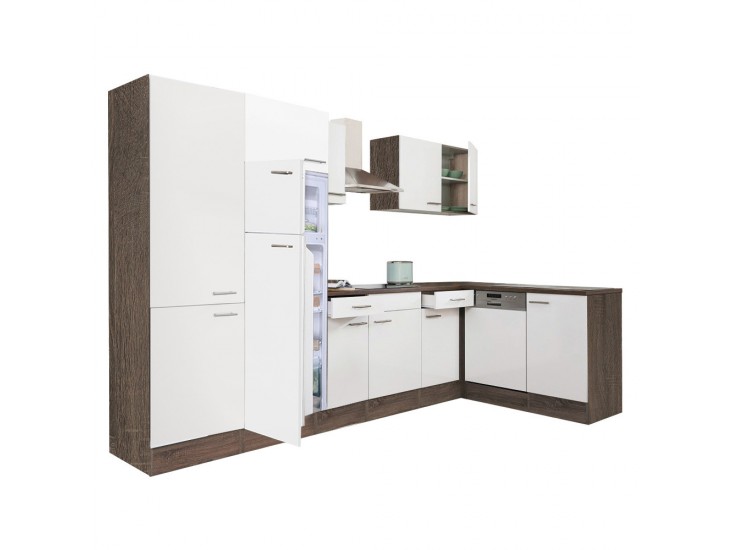 Yorki 340 sarok konyhabútor yorki tölgy korpusz,selyemfényű fehér fronttal polcos szekrénnyel és felülfagyasztós hűtős szekrénnyel