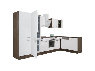 Yorki 340 sarok konyhabútor yorki tölgy korpusz,selyemfényű fehér front alsó sütős elemmel polcos szekrénnyel, alulfagyasztós hűtős szekrénnyel