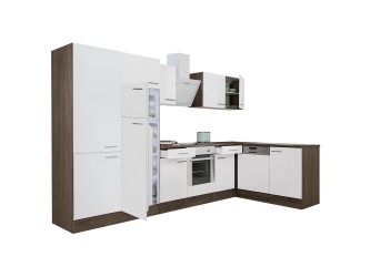 Yorki 340 sarok konyhabútor yorki tölgy korpusz,selyemfényű fehér front alsó sütős elemmel polcos szekrénnyel, felülfagyasztós hűtős szekrénnyel