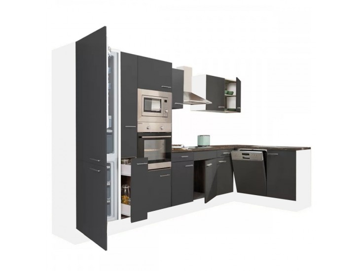 Yorki 370 sarok konyhabútor fehér korpusz,selyemfényű antracit fronttal alulagyasztós hűtős szekrénnyel