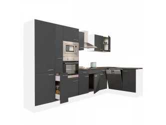 Yorki 370 sarok konyhabútor fehér korpusz,selyemfényű antracit fronttal polcos szekrénnyel