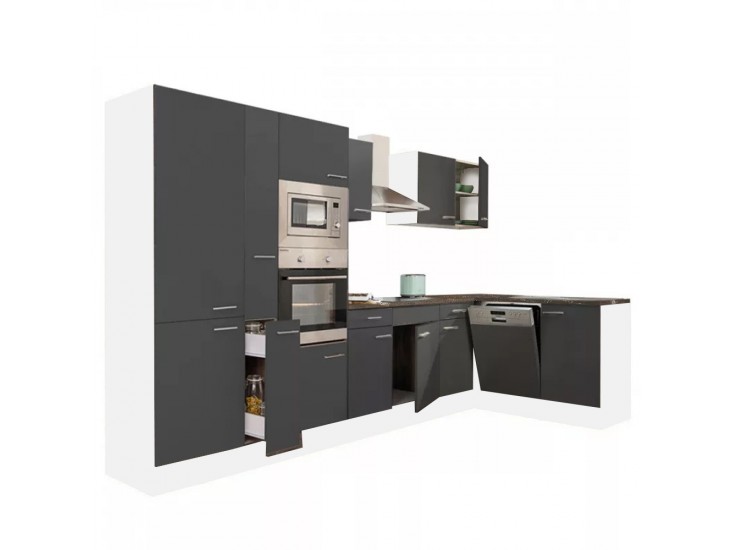 Yorki 370 sarok konyhabútor fehér korpusz,selyemfényű antracit fronttal polcos szekrénnyel