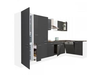 Yorki 370 sarok konyhabútor fehér korpusz,selyemfényű antracit fronttal polcos szekrénnyel és alulfagyasztós hűtős szekrénnyel