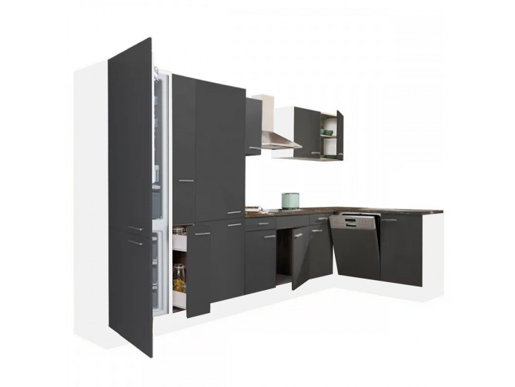 Yorki 370 sarok konyhabútor fehér korpusz,selyemfényű antracit fronttal polcos szekrénnyel és alulfagyasztós hűtős szekrénnyel