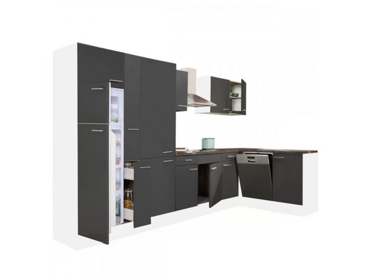 Yorki 370 sarok konyhabútor fehér korpusz,selyemfényű antracit fronttal polcos szekrénnyel és felülfagyasztós hűtős szekrénnyel