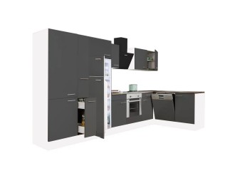 Yorki 370 sarok konyhabútor fehér korpusz,selyemfényű antracit front alsó sütős elemmel polcos szekrénnyel, felülfagyasztós hűtős szekrénnyel