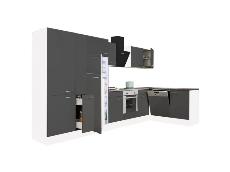 Yorki 370 sarok konyhabútor fehér korpusz,selyemfényű antracit front alsó sütős elemmel polcos szekrénnyel, felülfagyasztós hűtős szekrénnyel