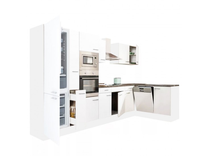 Yorki 370 sarok konyhabútor fehér korpusz,selyemfényű fehér fronttal alulagyasztós hűtős szekrénnyel