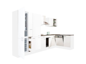 Yorki 370 sarok konyhabútor fehér korpusz,selyemfényű fehér fronttal polcos szekrénnyel és alulfagyasztós hűtős szekrénnyel