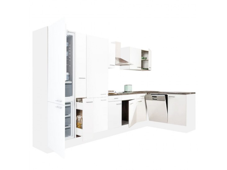 Yorki 370 sarok konyhabútor fehér korpusz,selyemfényű fehér fronttal polcos szekrénnyel és alulfagyasztós hűtős szekrénnyel