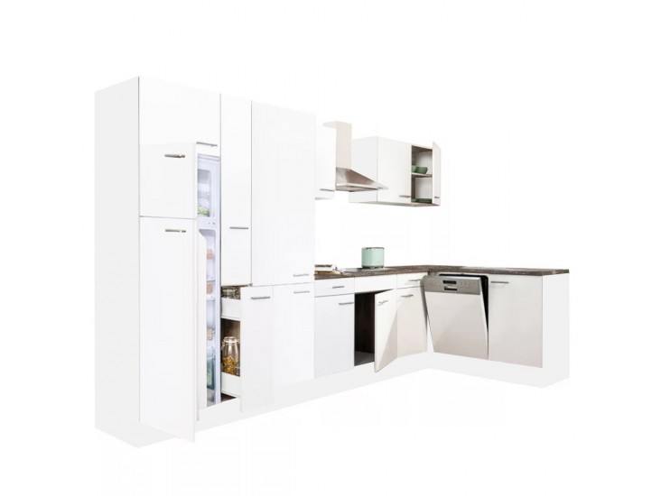 Yorki 370 sarok konyhabútor fehér korpusz,selyemfényű fehér fronttal polcos szekrénnyel és felülfagyasztós hűtős szekrénnyel