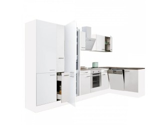 Yorki 370 sarok konyhabútor fehér korpusz,selyemfényű fehér front alsó sütős elemmel polcos szekrénnyel, alulfagyasztós hűtős szekrénnyel