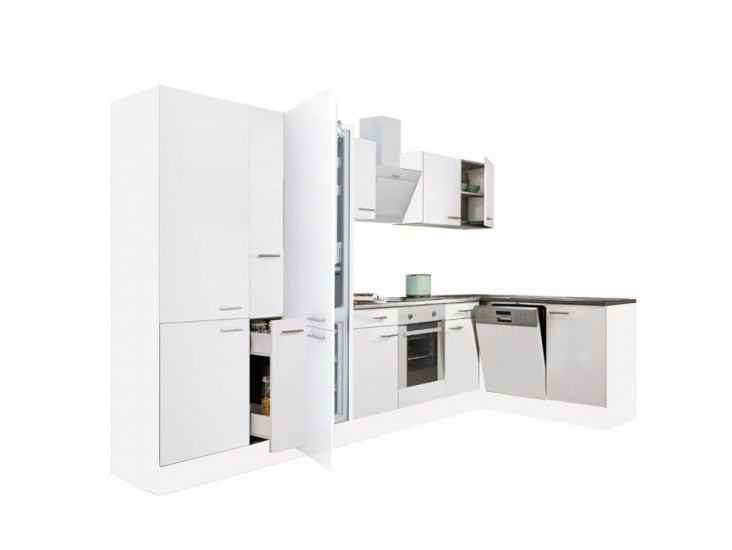 Yorki 370 sarok konyhabútor fehér korpusz,selyemfényű fehér front alsó sütős elemmel polcos szekrénnyel, alulfagyasztós hűtős szekrénnyel