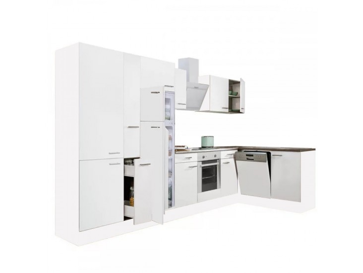 Yorki 370 sarok konyhabútor fehér korpusz,selyemfényű fehér front alsó sütős elemmel polcos szekrénnyel, felülfagyasztós hűtős szekrénnyel