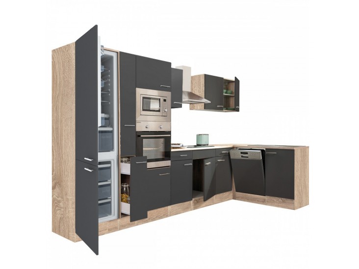 Yorki 370 sarok konyhabútor sonoma tölgy korpusz,selyemfényű antracit fronttal alulagyasztós hűtős szekrénnyel