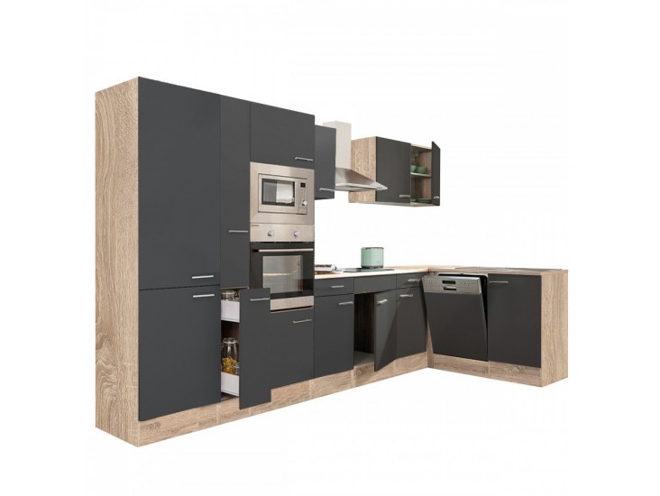 Yorki 370 sarok konyhabútor sonoma tölgy korpusz,selyemfényű antracit fronttal polcos szekrénnyel