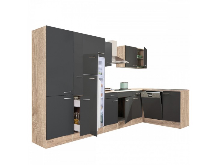 Yorki 370 sarok konyhabútor sonoma tölgy korpusz,selyemfényű antracit fronttal polcos szekrénnyel és felülfagyasztós hűtős szekrénnyel