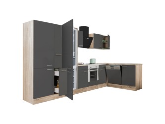 Yorki 370 sarok konyhabútor sonoma tölgy korpusz,selyemfényű antracit front alsó sütős elemmel polcos szekrénnyel, alulfagyasztós hűtős szekrénnyel
