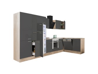 Yorki 370 sarok konyhabútor sonoma tölgy korpusz,selyemfényű antracit front alsó sütős elemmel polcos szekrénnyel, felülfagyasztós hűtős szekrénnyel