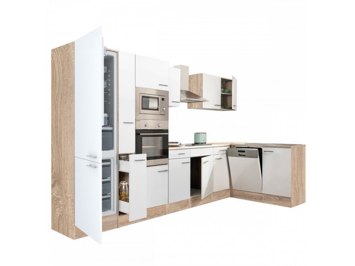 Yorki 370 sarok konyhabútor sonoma tölgy korpusz,selyemfényű fehér fronttal alulagyasztós hűtős szekrénnyel