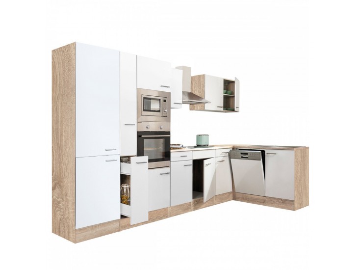 Yorki 370 sarok konyhabútor sonoma tölgy korpusz,selyemfényű fehér fronttal polcos szekrénnyel