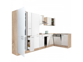 Yorki 370 sarok konyhabútor sonoma tölgy korpusz,selyemfényű fehér fronttal polcos szekrénnyel és alulfagyasztós hűtős szekrénnyel