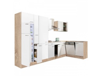 Yorki 370 sarok konyhabútor sonoma tölgy korpusz,selyemfényű fehér fronttal polcos szekrénnyel és felülfagyasztós hűtős szekrénnyel