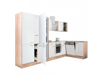 Yorki 370 sarok konyhabútor sonoma tölgy korpusz,selyemfényű fehér front alsó sütős elemmel polcos szekrénnyel, alulfagyasztós hűtős szekrénnyel