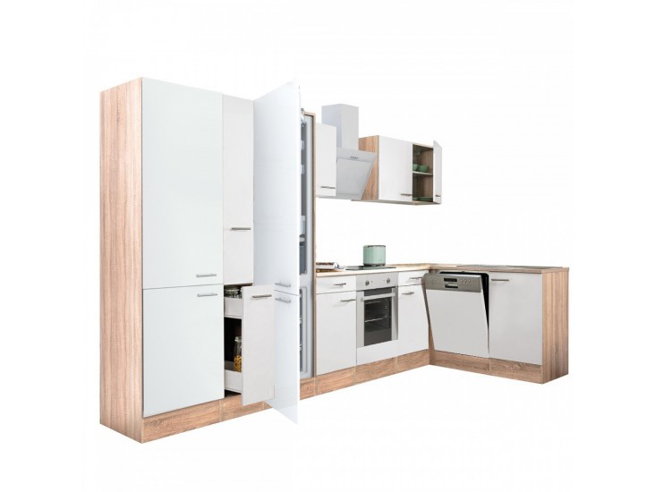 Yorki 370 sarok konyhabútor sonoma tölgy korpusz,selyemfényű fehér front alsó sütős elemmel polcos szekrénnyel, alulfagyasztós hűtős szekrénnyel