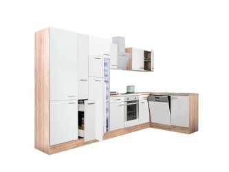 Yorki 370 sarok konyhabútor sonoma tölgy korpusz,selyemfényű fehér front alsó sütős elemmel polcos szekrénnyel, felülfagyasztós hűtős szekrénnyel