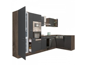 Yorki 370 sarok konyhabútor yorki tölgy korpusz,selyemfényű antracit fronttal alulagyasztós hűtős szekrénnyel