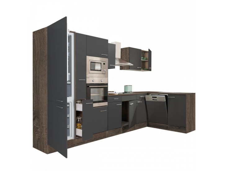 Yorki 370 sarok konyhabútor yorki tölgy korpusz,selyemfényű antracit fronttal alulagyasztós hűtős szekrénnyel