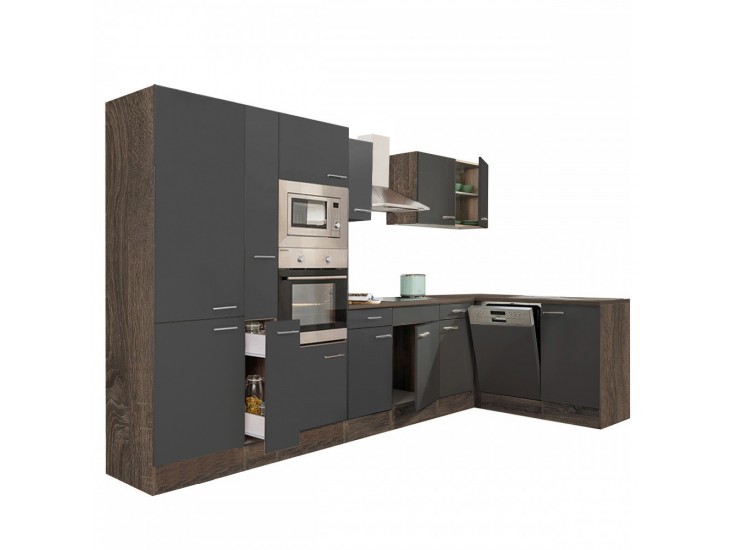 Yorki 370 sarok konyhabútor yorki tölgy korpusz,selyemfényű antracit fronttal polcos szekrénnyel