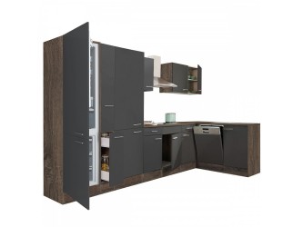 Yorki 370 sarok konyhabútor yorki tölgy korpusz,selyemfényű antracit fronttal polcos szekrénnyel és alulfagyasztós hűtős szekrénnyel