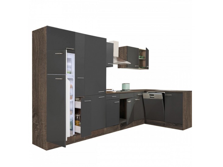 Yorki 370 sarok konyhabútor yorki tölgy korpusz,selyemfényű antracit fronttal polcos szekrénnyel és felülfagyasztós hűtős szekrénnyel