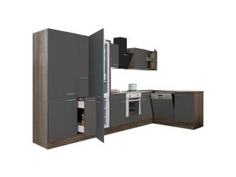 Yorki 370 sarok konyhabútor yorki tölgy korpusz,selyemfényű antracit front alsó sütős elemmel polcos szekrénnyel, alulfagyasztós hűtős szekrénnyel