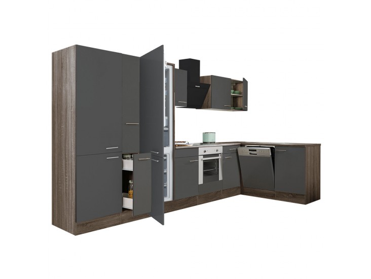 Yorki 370 sarok konyhabútor yorki tölgy korpusz,selyemfényű antracit front alsó sütős elemmel polcos szekrénnyel, alulfagyasztós hűtős szekrénnyel