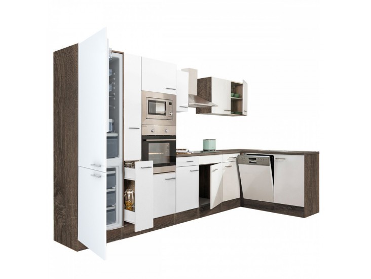 Yorki 370 sarok konyhabútor yorki tölgy korpusz,selyemfényű fehér fronttal alulagyasztós hűtős szekrénnyel