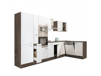 Yorki 370 sarok konyhabútor yorki tölgy korpusz,selyemfényű fehér fronttal polcos szekrénnyel