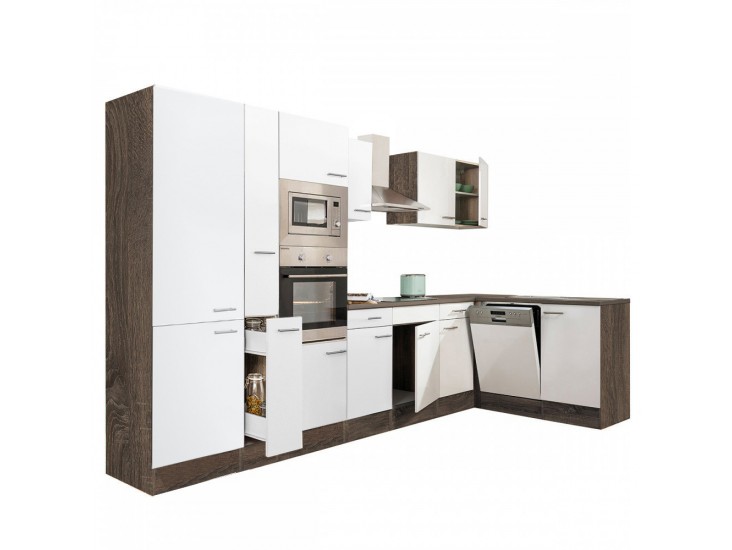 Yorki 370 sarok konyhabútor yorki tölgy korpusz,selyemfényű fehér fronttal polcos szekrénnyel