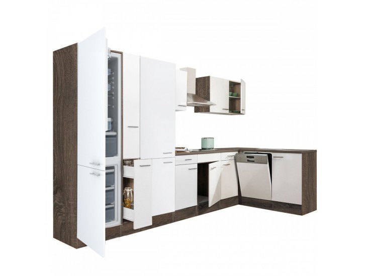 Yorki 370 sarok konyhabútor yorki tölgy korpusz,selyemfényű fehér fronttal polcos szekrénnyel és alulfagyasztós hűtős szekrénnyel