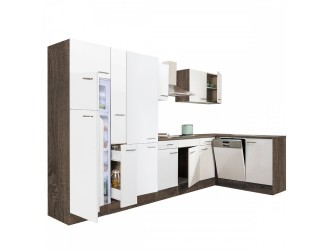 Yorki 370 sarok konyhabútor yorki tölgy korpusz,selyemfényű fehér fronttal polcos szekrénnyel és felülfagyasztós hűtős szekrénnyel